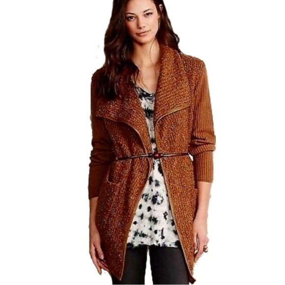 Anthropologie Mixed Knit Cardigan Large 10 12 Brown Boucle FNT Ribbed BACK NWT - Picture 4 of 12